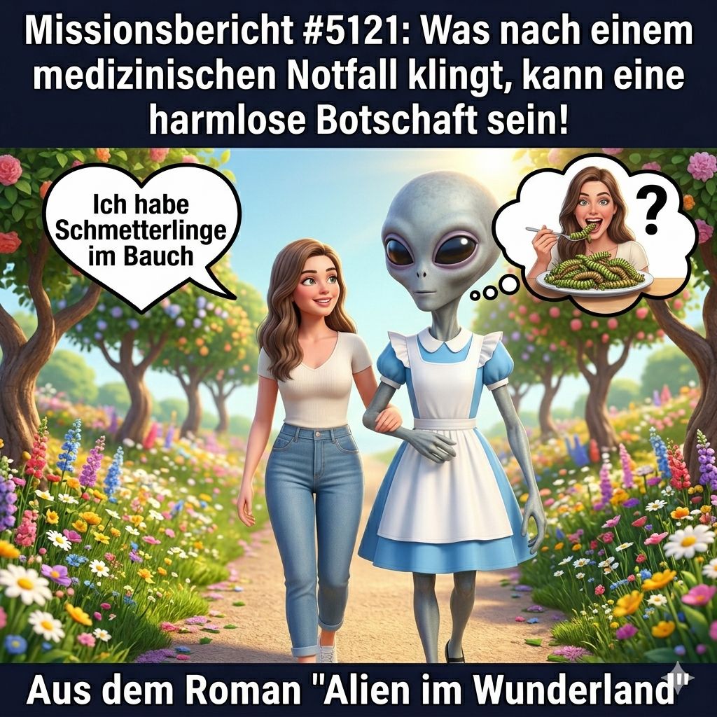 Kirk-Meme: Ein Mensch sagt 'Ich habe Schmetterlinge im Bauch' und Kirk stellt sich besorgt einen Teller voller Schmetterlinge vor — Aus dem Roman Alien im Wunderland