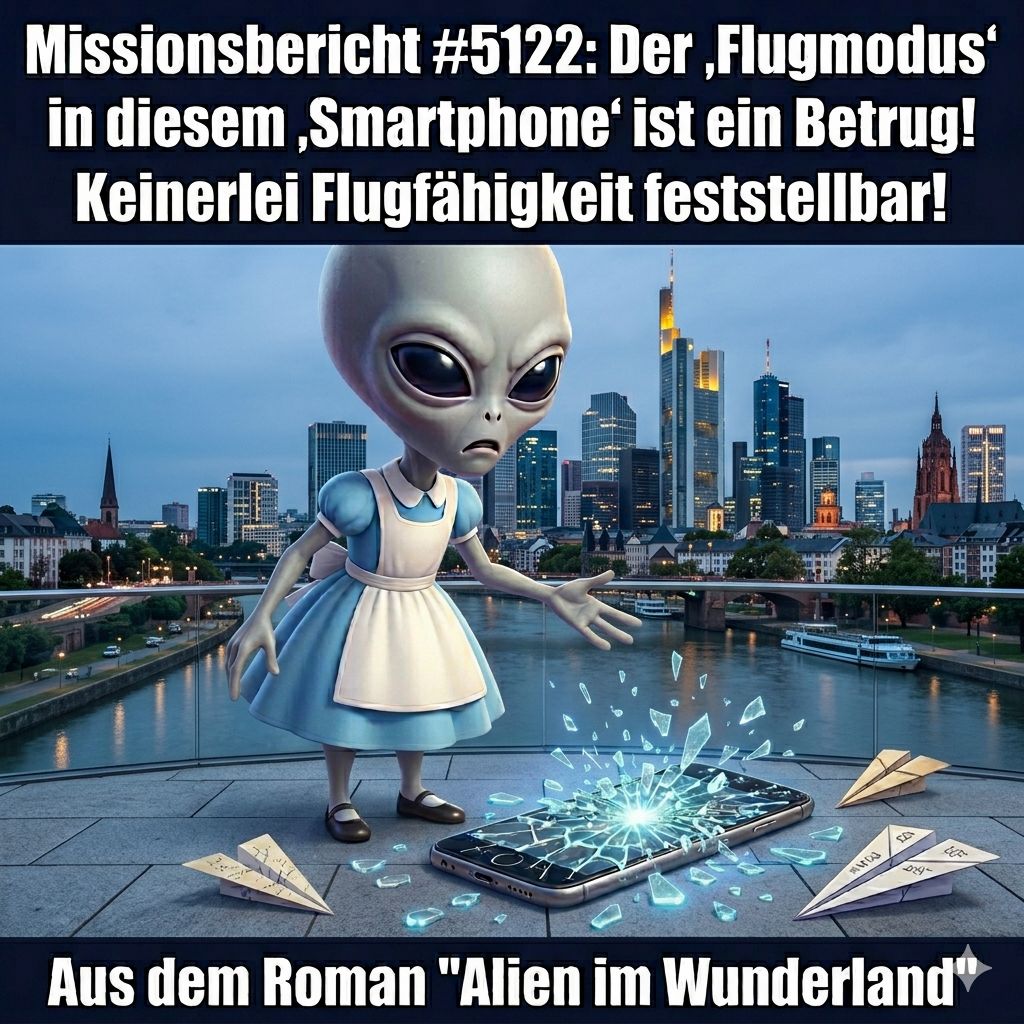 Kirk-Meme: Kirk hält den Flugmodus eines Smartphones für Betrug, weil keine Flugfähigkeit feststellbar ist — Aus dem Roman Alien im Wunderland