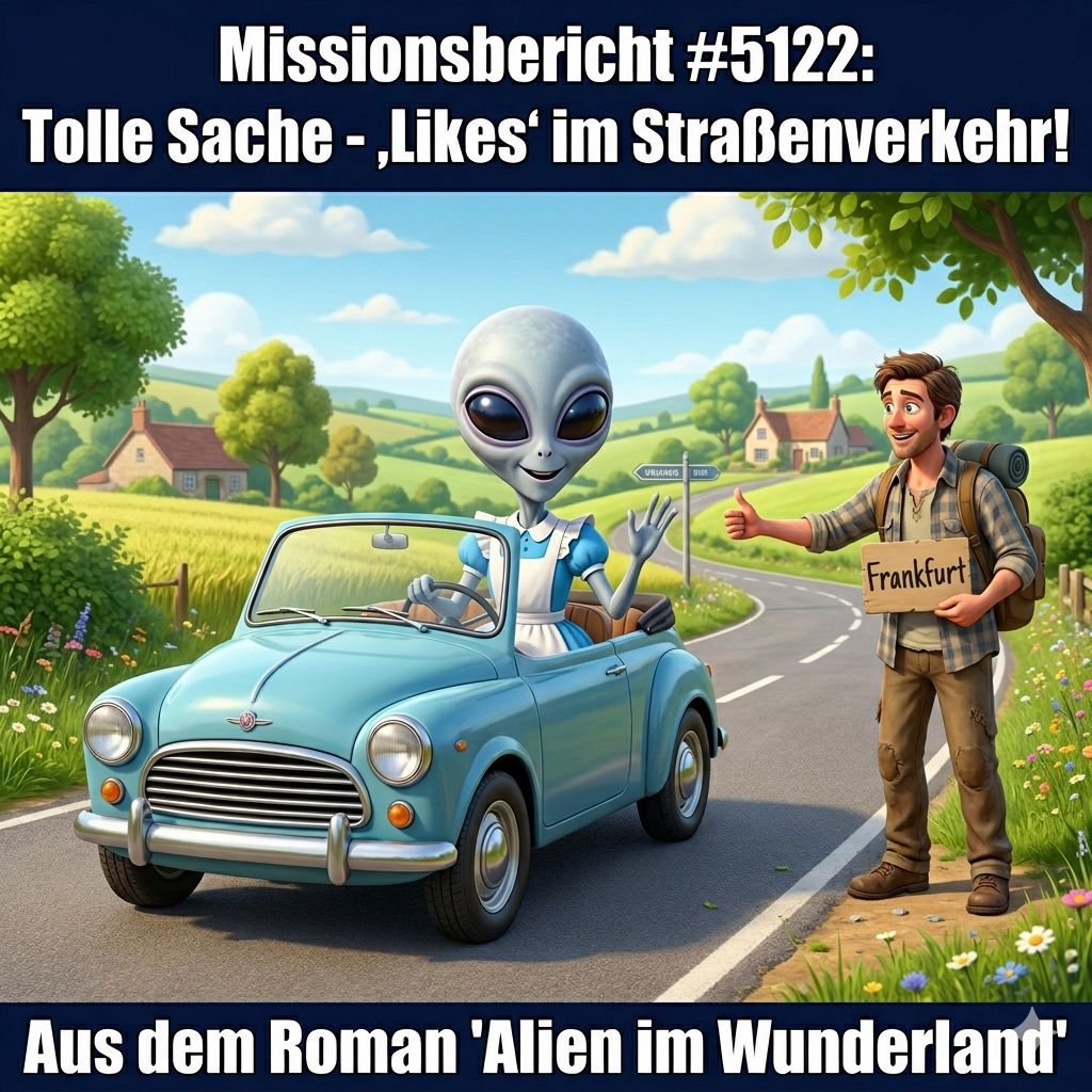Kirk-Meme: Kirk am Steuer, ein Anhalter hält ein Frankfurt-Schild hoch — Aus dem Roman Alien im Wunderland