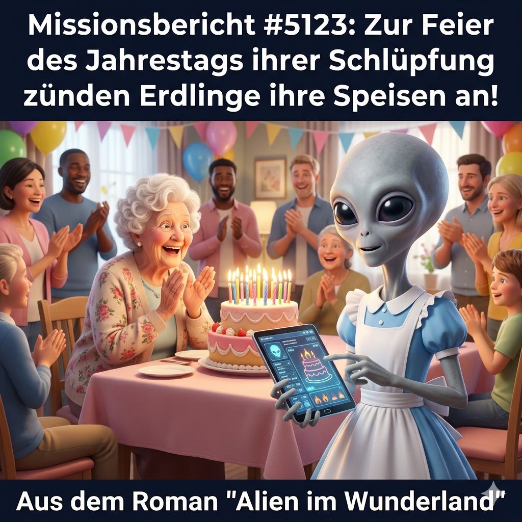 Kirk-Meme: Ein Alien beobachtet bei einer Geburtstagsfeier, wie Oma Gerda Kerzen auf einer Torte auspustet &mdash; aus dem Roman Alien im Wunderland