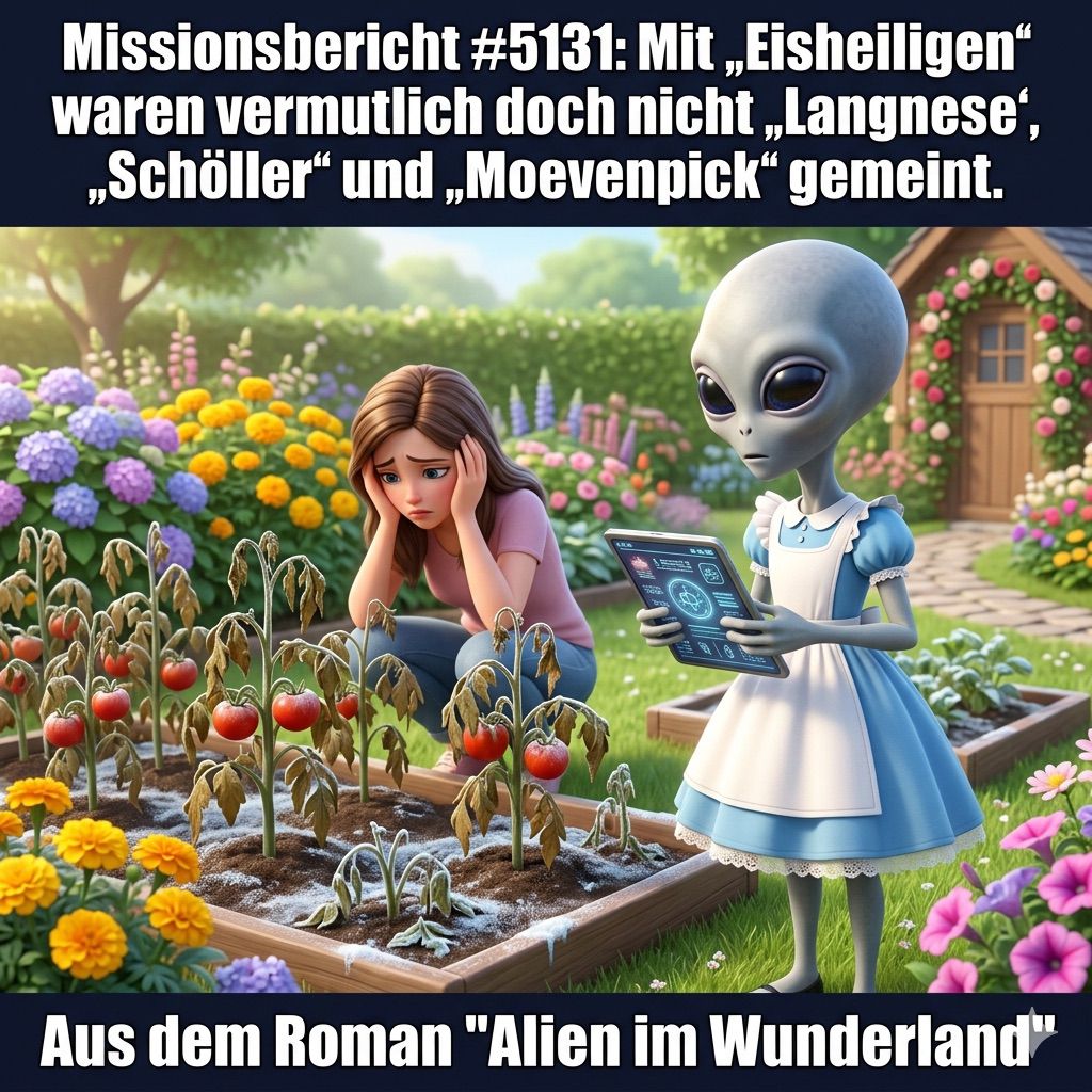 Kirk-Meme: Alien betrachtet erfrorene Tomatenpflanzen neben verzweifelter Gärtnerin — Aus dem Roman Alien im Wunderland