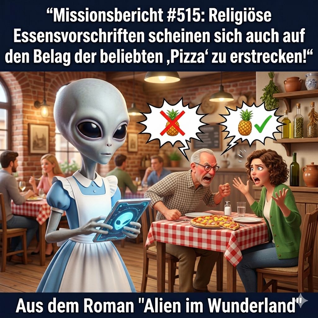 Kirk-Meme: Kirk protokolliert die hitzige Debatte um Ananas auf der Pizza — Aus dem Roman Alien im Wunderland