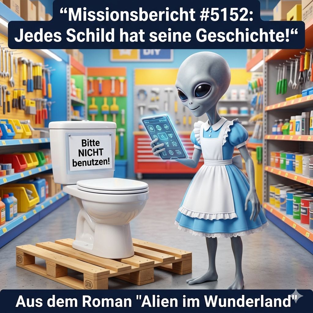 Kirk-Meme: Ein Alien im Baumarkt vor einer Toilette mit dem Schild Bitte NICHT benutzen — Aus dem Roman Alien im Wunderland