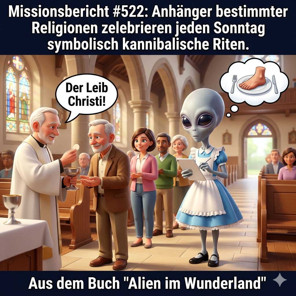 Kirk-Meme: Alien beobachtet in einer Kirche das Abendmahl und interpretiert es als symbolisch kannibalischen Ritus – Aus dem Roman Alien im Wunderland