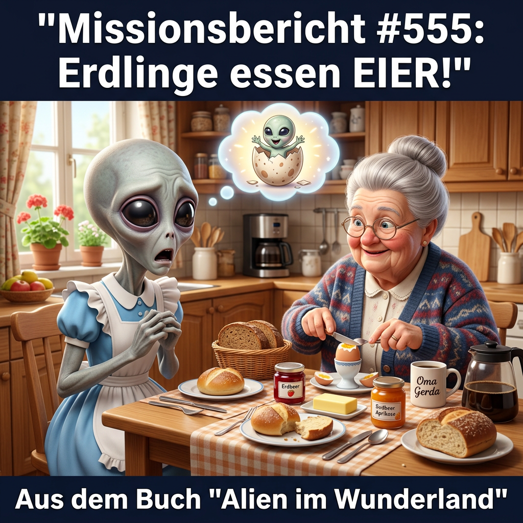 Kirk-Meme: Ein Alien sitzt fassungslos mit Oma Gerda beim Fr&uuml;hst&uuml;ck vor gekochten Eiern &ndash; Aus dem Roman Alien im Wunderland
