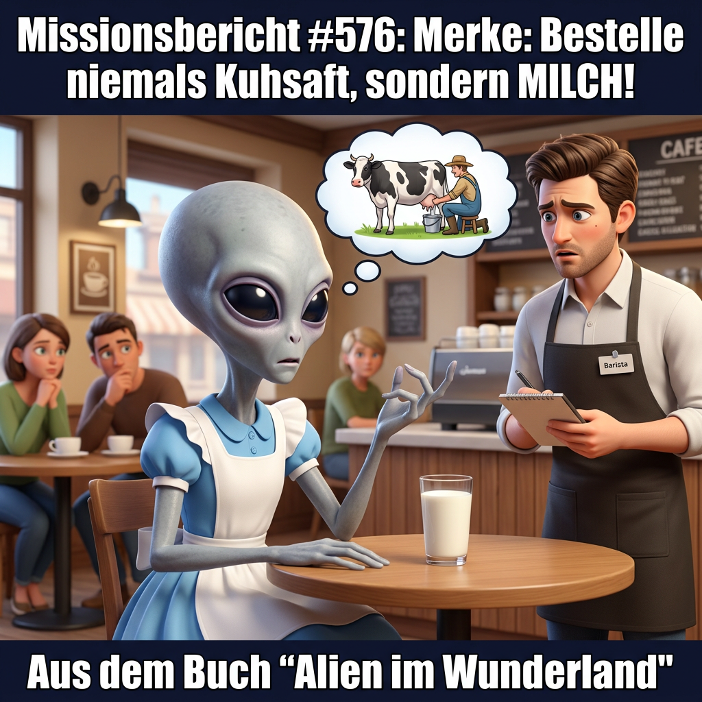 Kirk-Meme: Ein Alien bestellt verwirrt ein Glas Milch und denkt dabei an eine gemolkene Kuh &ndash; Aus dem Roman Alien im Wunderland