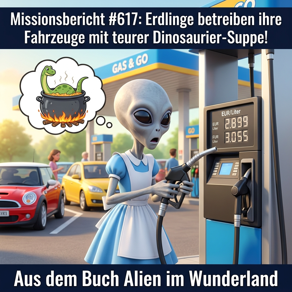 Kirk-Meme: Ein Alien an der Tankstelle staunt, dass Erdlinge ihre Fahrzeuge mit teurer Dinosaurier-Suppe betreiben — Aus dem Roman Alien im Wunderland