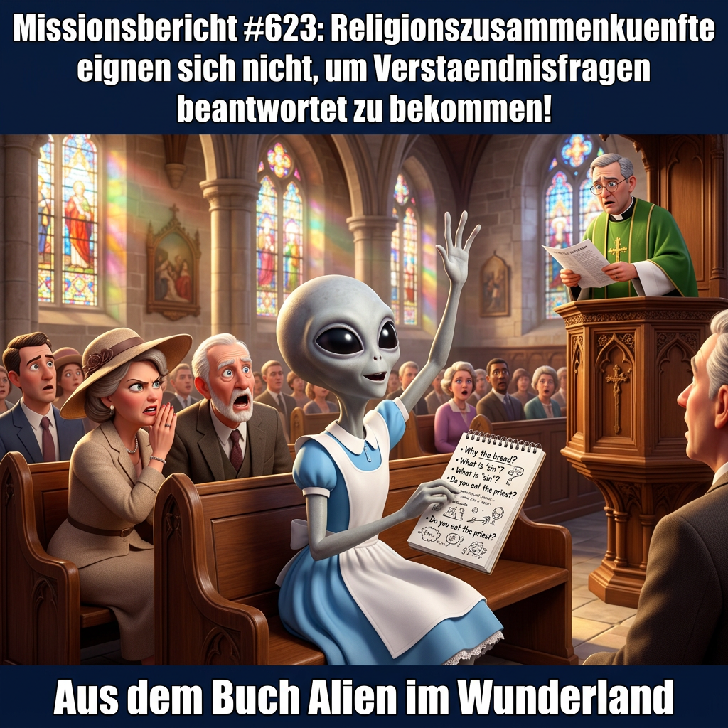 Kirk-Meme: Alien stellt im Gottesdienst Verstaendnisfragen — Aus dem Roman Alien im Wunderland