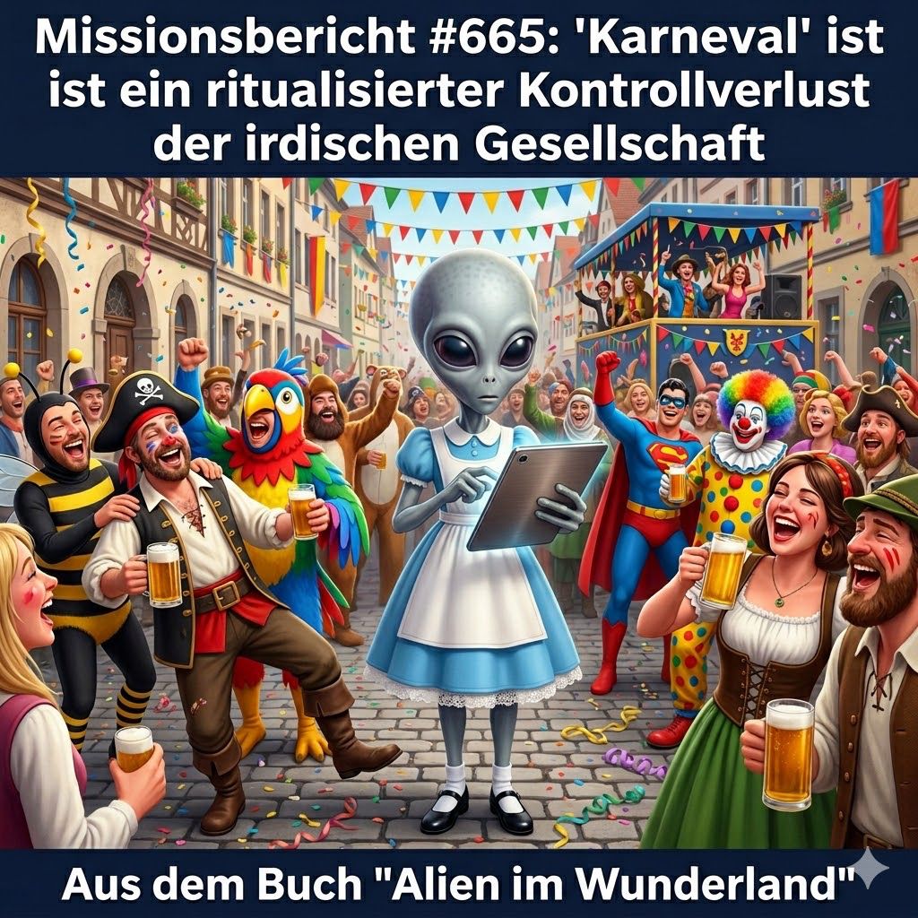 Kirk-Meme: Alien beobachtet kostümierte Karnevalsmenschen — Aus dem Roman Alien im Wunderland