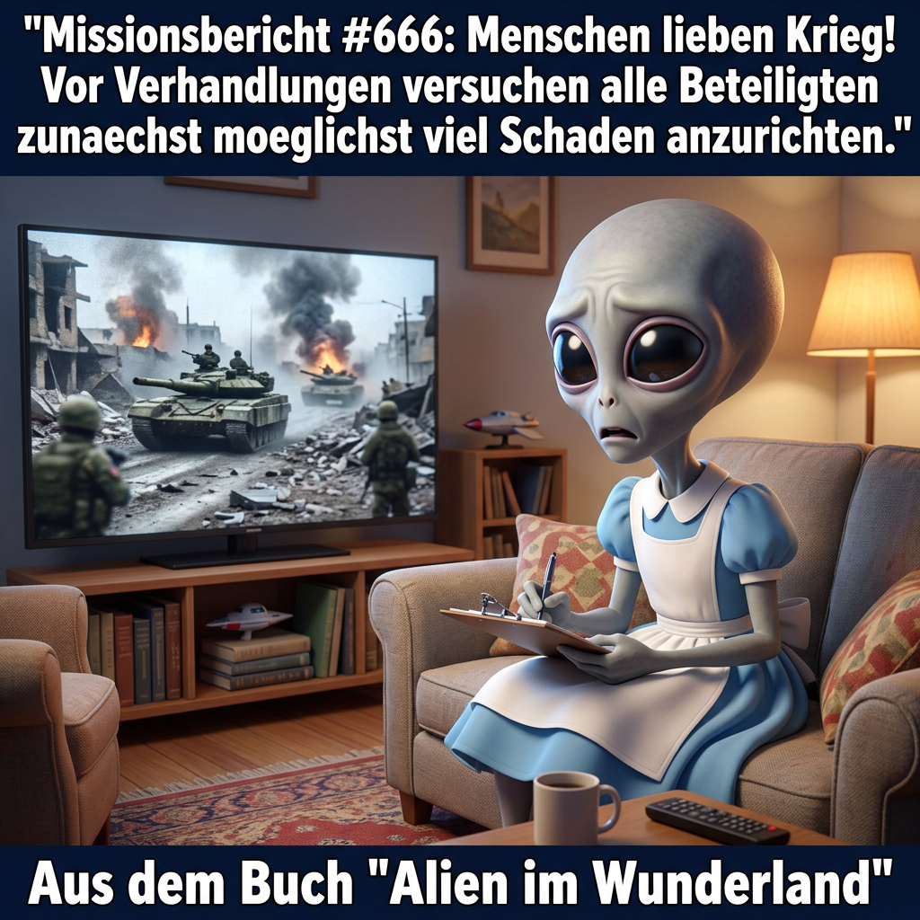 Kirk-Meme: Ein Alien notiert vor dem Fernseher, dass Menschen Krieg lieben — Aus dem Roman Alien im Wunderland
