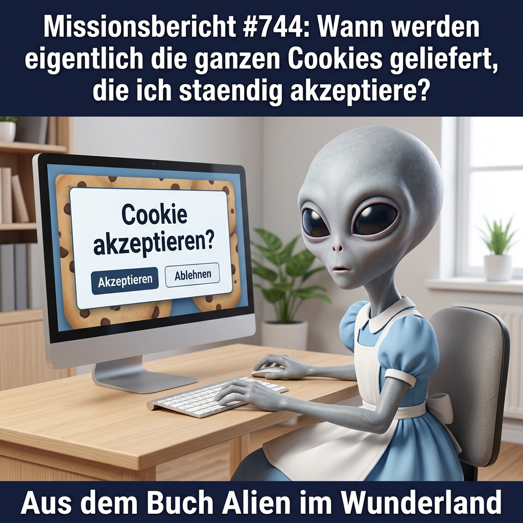 Kirk-Meme: Ein Alien am Computer fragt sich, wo die ganzen akzeptierten Cookies bleiben — Aus dem Roman Alien im Wunderland