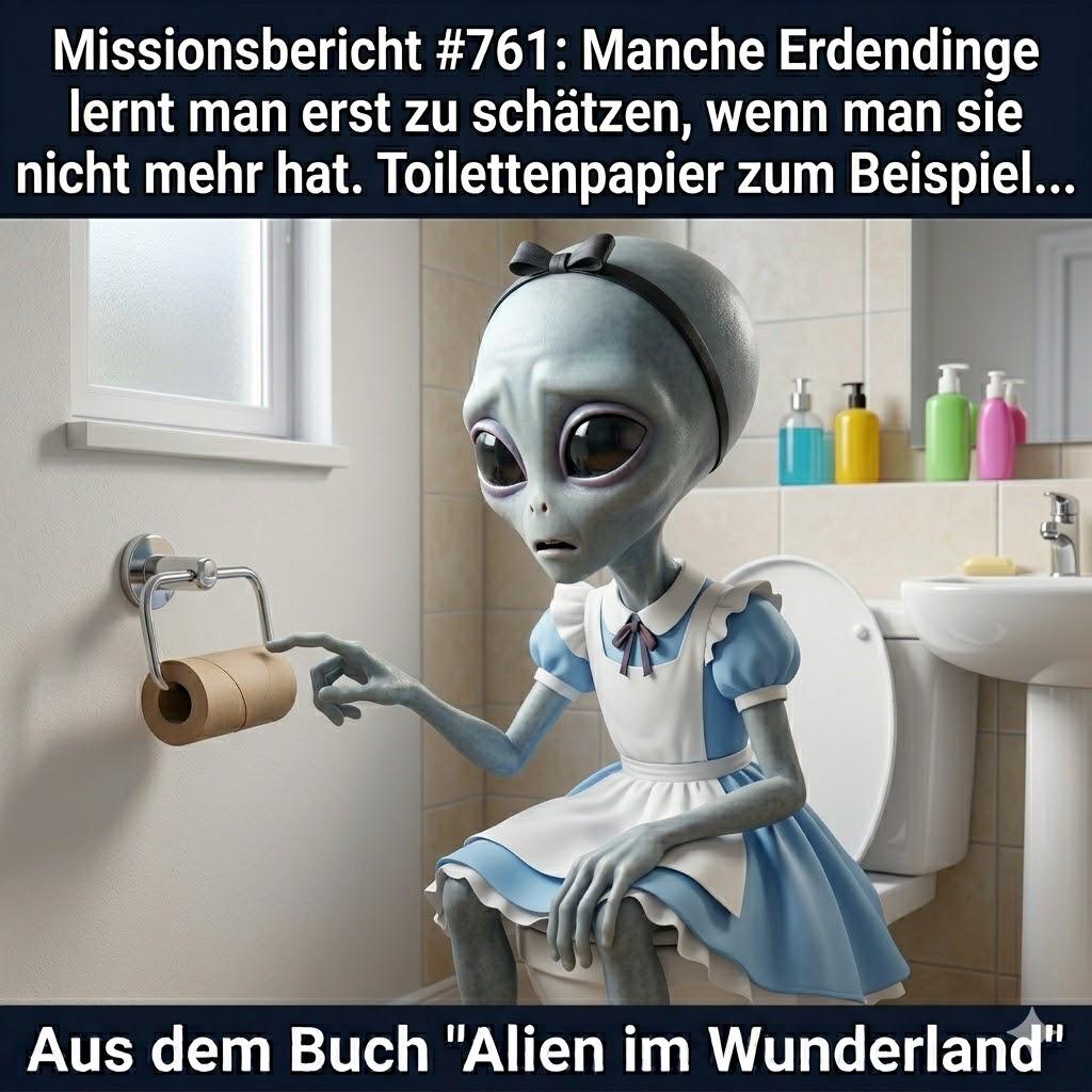 Kirk-Meme: Kirk sitzt im Badezimmer und greift nach einer leeren Toilettenpapierrolle — Aus dem Roman Alien im Wunderland