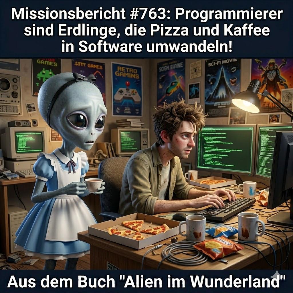 Kirk-Meme: Kirk beobachtet einen Programmierer, der Pizza und Kaffee in Software verwandelt — Aus dem Roman Alien im Wunderland