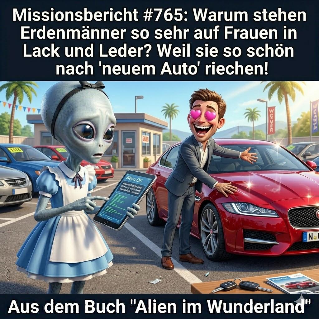 Kirk-Meme: Ein Alien in Magd-Kostüm dokumentiert kopfschüttelnd auf einem Tablet, wie ein Erdenmann begeistert einen Neuwagen begutachtet