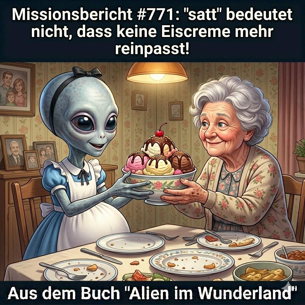 Kirk-Meme: Kirk und Oma Gerda mit Eisbecher am Tisch — Aus dem Roman Alien im Wunderland