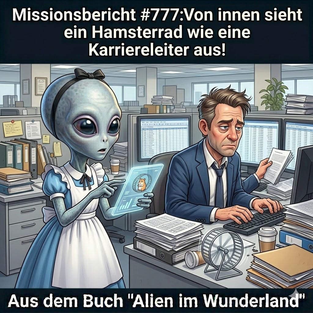 Kirk-Meme: Alien im Großraumbüro neben einem gestressten Angestellten und einem Hamsterrad — Aus dem Roman Alien im Wunderland