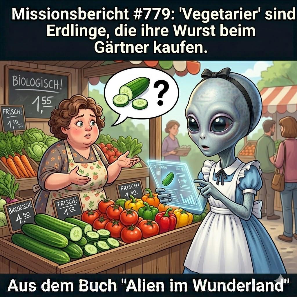 Kirk-Meme: Ein Alien haelt Vegetarier fuer Erdlinge die ihre Wurst beim Gaertner kaufen — Aus dem Roman Alien im Wunderland
