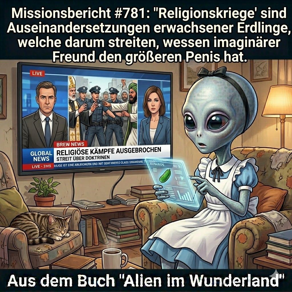 Kirk-Meme: Kirk verfolgt in den Nachrichten Berichte ueber Religionskriege und versteht den Streit nicht — Aus dem Roman Alien im Wunderland