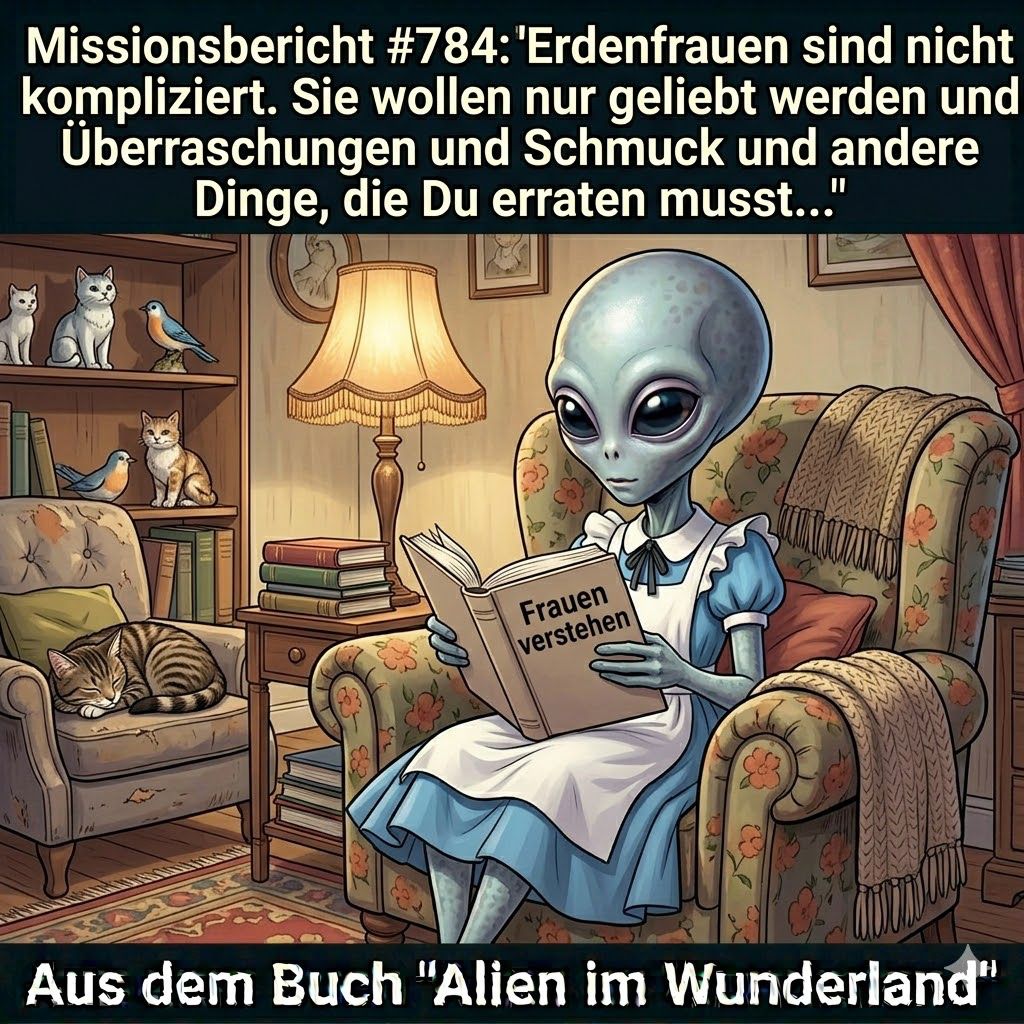 Kirk-Meme: Xy studiert ratlos einen Ratgeber mit dem Titel Frauen verstehen — Aus dem Roman Alien im Wunderland