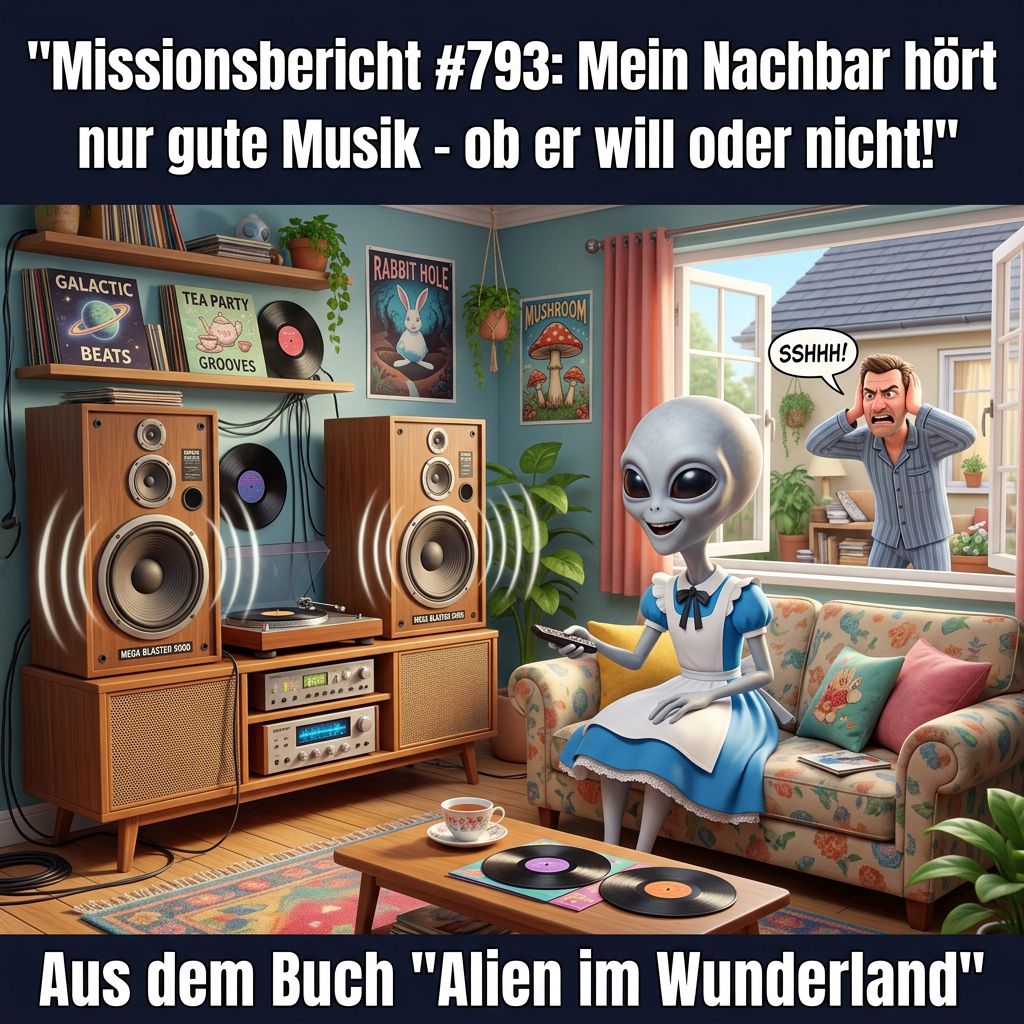 Kirk-Meme: Alien hört laut Musik, wütender Nachbar am Fenster ruft Ssshh &ndash; Aus dem Roman Alien im Wunderland
