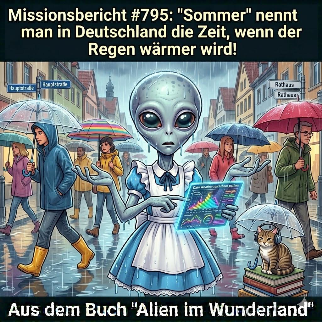 Kirk-Meme: Alien im Regen zwischen Menschen mit Regenschirmen — Aus dem Roman Alien im Wunderland