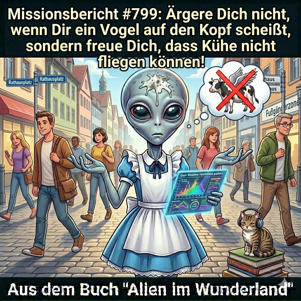 Kirk-Meme: Xy philosophiert ueber Voegel und fliegende Kuehe in der Fussgaengerzone &mdash; Aus dem Roman Alien im Wunderland