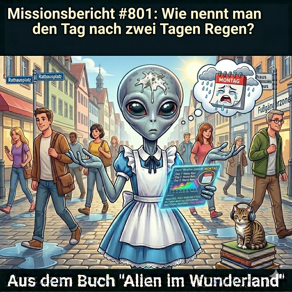 Kirk-Meme: Kirk in einer verregneten Fussgaengerzone analysiert das Wetter — Aus dem Roman Alien im Wunderland