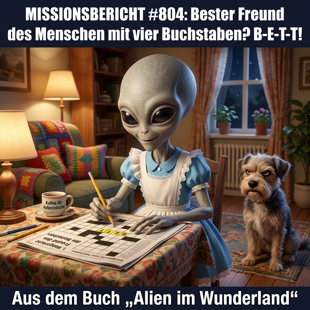 Kirk-Meme: Oma Gerda loest ein Kreuzwortraetsel — Aus dem Roman Alien im Wunderland