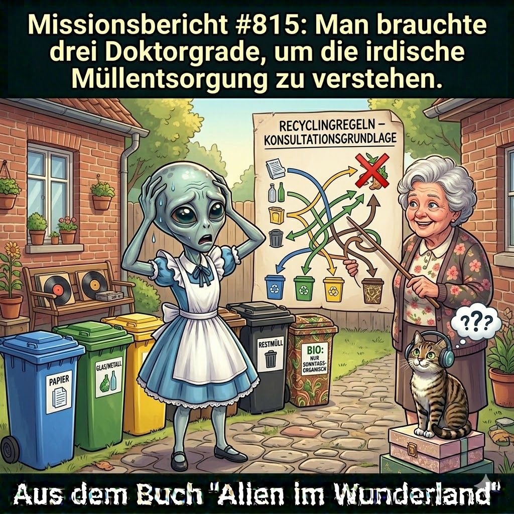 Kirk-Meme: Xy verzweifelt an der deutschen Muelltrennung, Oma Gerda erklaert die Recyclingregeln — Aus dem Roman Alien im Wunderland