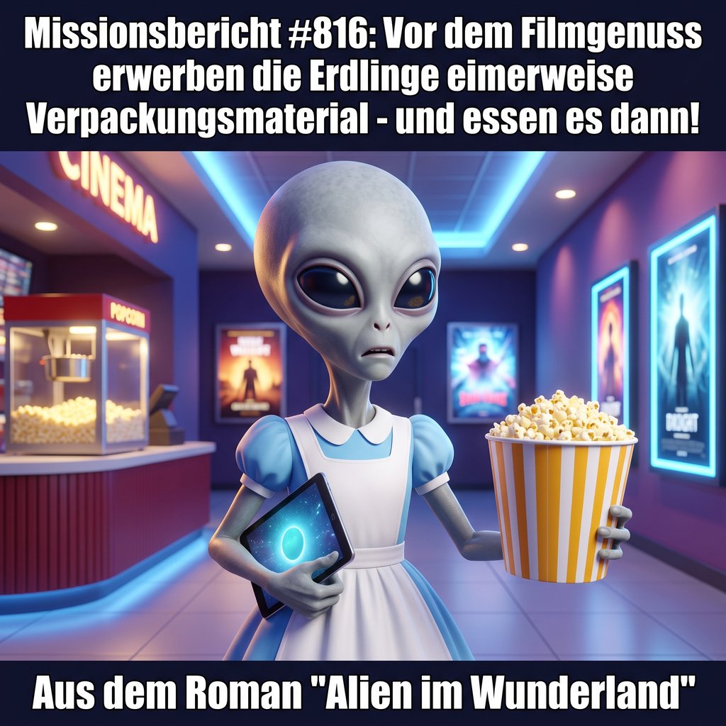 Kirk-Meme: Kirk steht im Kinofoyer mit einem gro&szlig;en Eimer Popcorn in der Hand und schaut ratlos &mdash; Aus dem Roman Alien im Wunderland