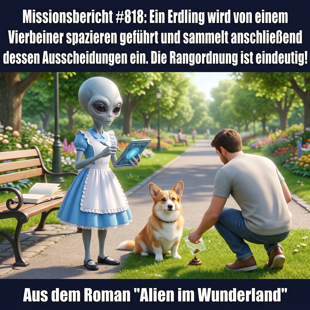 Kirk-Meme: Ein Alien in Magd-Kostüm beobachtet notierend, wie ein Mensch von einem Hund spazieren geführt wird und anschließend dessen Hinterlassenschaften einsammelt