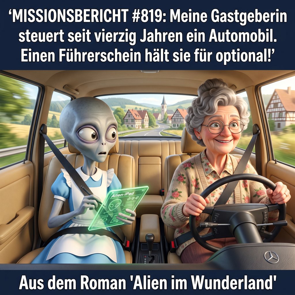 Kirk-Meme: Missionsbericht über Oma Gerda, die seit vierzig Jahren Auto fährt und den Führerschein für optional hält — Aus dem Roman Alien im Wunderland