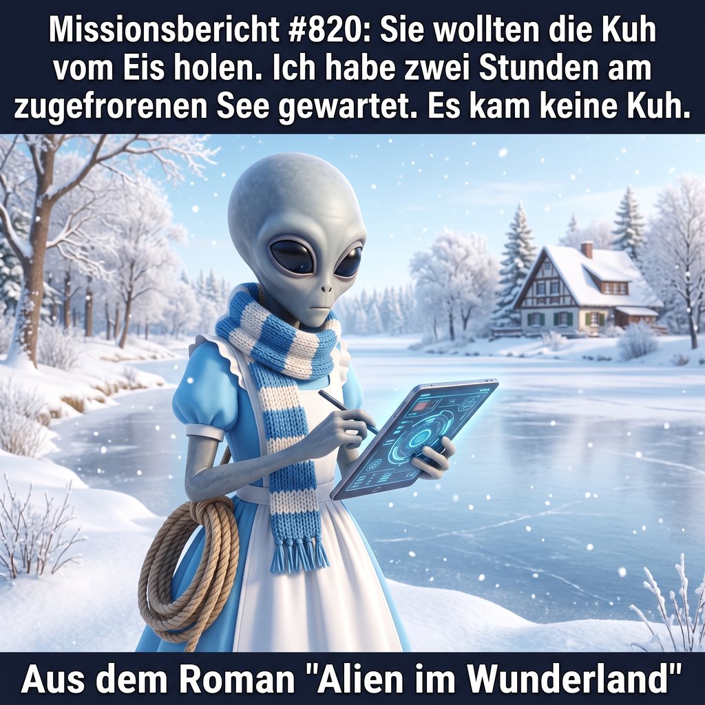 Kirk-Meme: Der Alien Kirk wartet mit Seil und Tablet an einem zugefrorenen See im Schnee auf eine Kuh, die nicht kommt