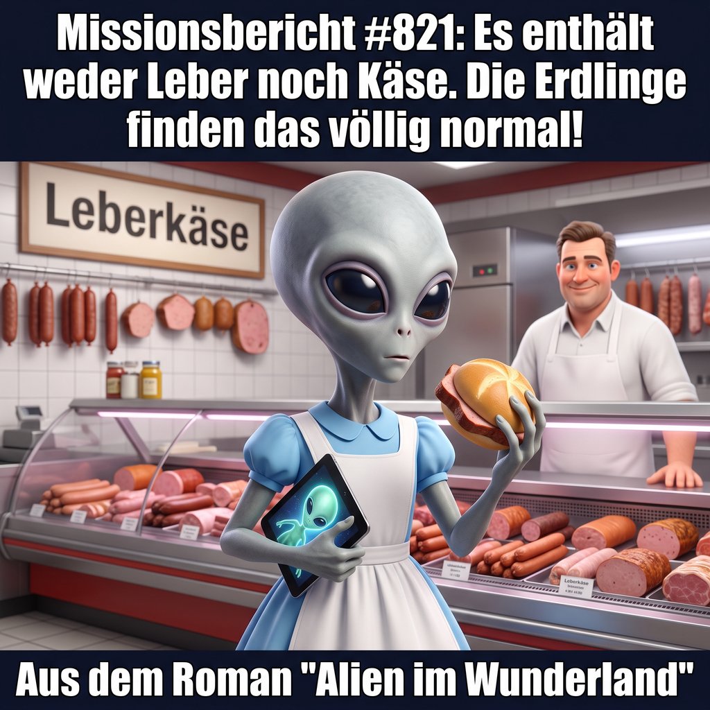 Kirk-Meme: Leberkäse enthält weder Leber noch Käse — die Erdlinge finden das völlig normal. Aus dem Roman Alien im Wunderland