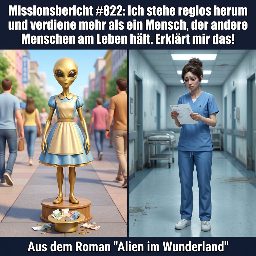 Kirk-Meme: Kirk vergleicht das Gehalt einer Pflegekraft mit seinem Verdienst als lebende Statue — Aus dem Roman Alien im Wunderland