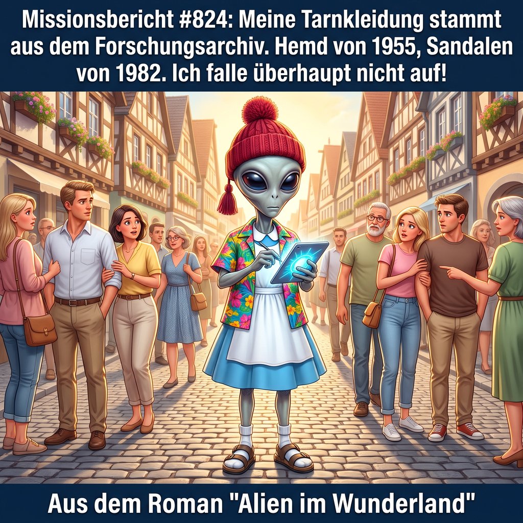 Kirk-Meme: Der Alien steht mitten in einer Fußgängerzone in Hawaiihemd von 1955, weißer Schürze, Sandalen von 1982 und roter Bommelmütze, während Passanten ihn irritiert anstarren
