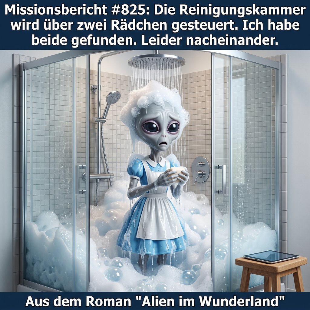 Kirk-Meme: Ein Alien in Magd-Kostüm steht völlig eingeseift und überfordert unter der Dusche, weil es die beiden Regler nur nacheinander statt gleichzeitig gefunden hat
