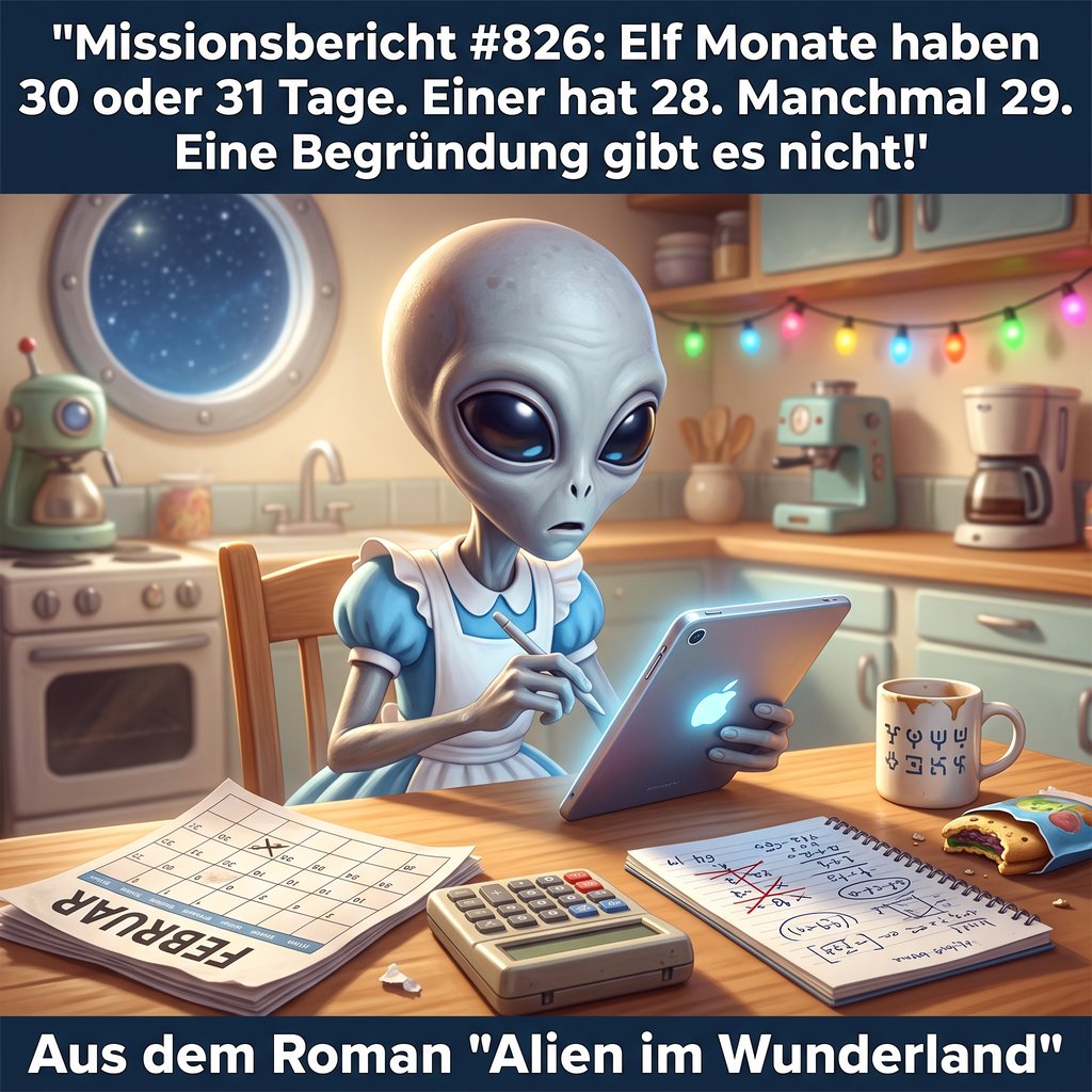 Kirk-Meme: Xy sitzt mit Februar-Kalender, Taschenrechner und Notizblock am Küchentisch und findet keine Begründung für die 28 Tage — Aus dem Roman Alien im Wunderland