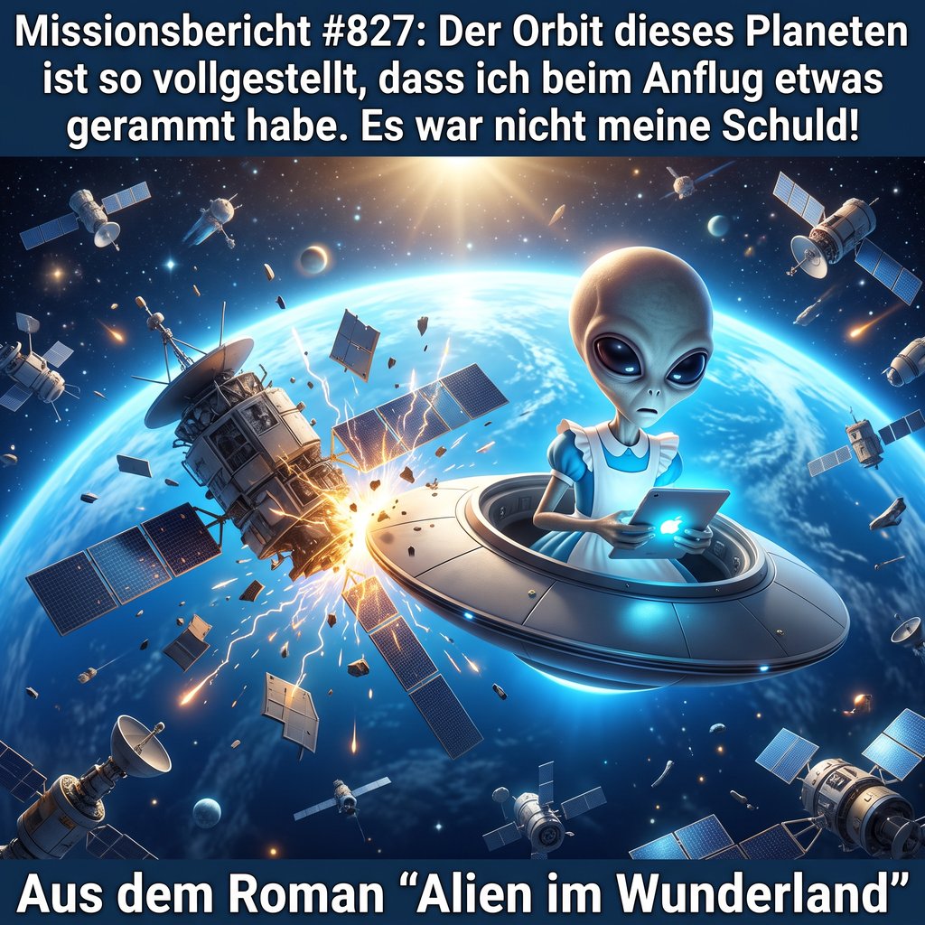 Kirk-Meme: Kirks Raumschiff rammt beim Anflug einen Satelliten im überfüllten Erdorbit &mdash; Aus dem Roman Alien im Wunderland