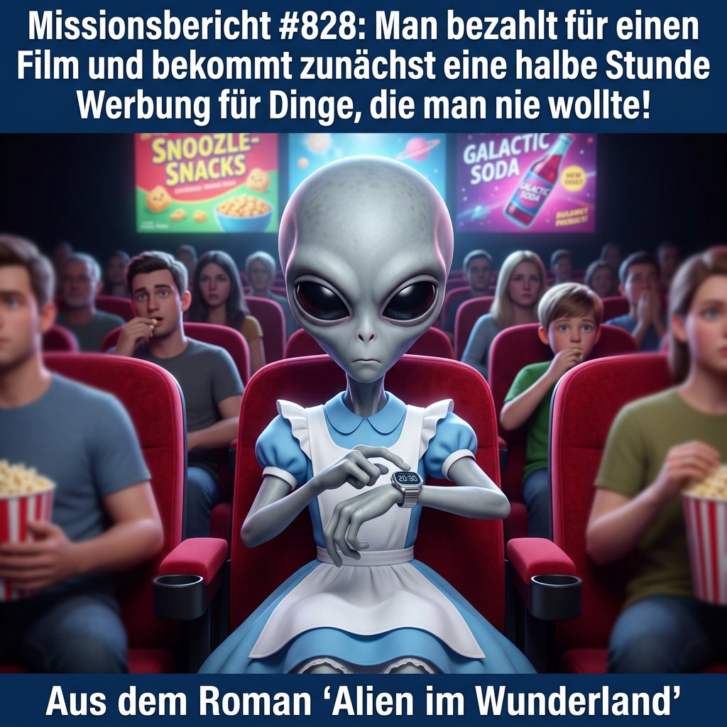 Kirk-Meme: Kirk im Kinosessel schaut ungeduldig auf seine Armbanduhr, während Werbung läuft — Aus dem Roman Alien im Wunderland
