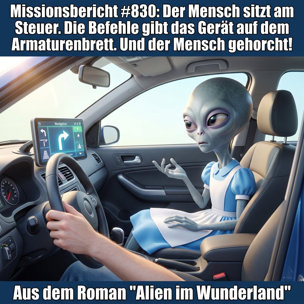 Kirk-Meme: Ein Alien sitzt auf dem Beifahrersitz eines Autos und beobachtet verwundert das Navigationsgerät, dessen Anweisungen der Fahrer gehorsam befolgt