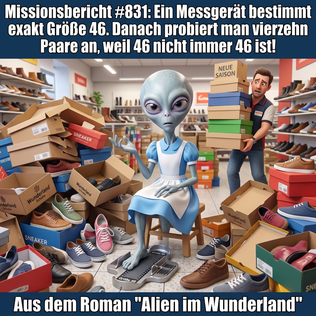 Kirk-Meme: Ein Alien sitzt zwischen vierzehn Paar Schuhen im Schuhgeschäft, obwohl das Messgerät exakt Größe 46 anzeigt — Aus dem Roman Alien im Wunderland
