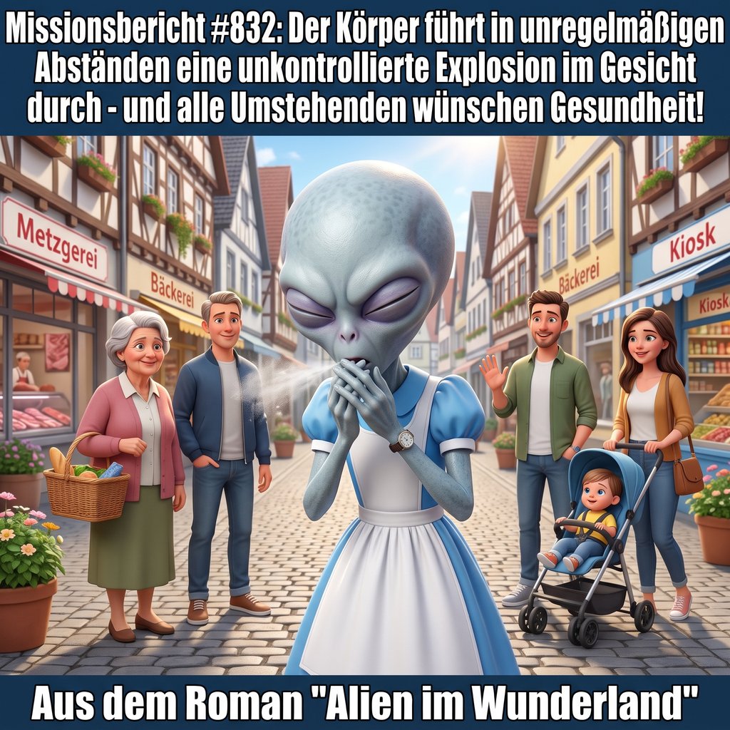Kirk-Meme: Kirk niest mitten in einer Fu&szlig;g&auml;ngerzone, umstehende Menschen schauen ihn an &mdash; Aus dem Roman Alien im Wunderland