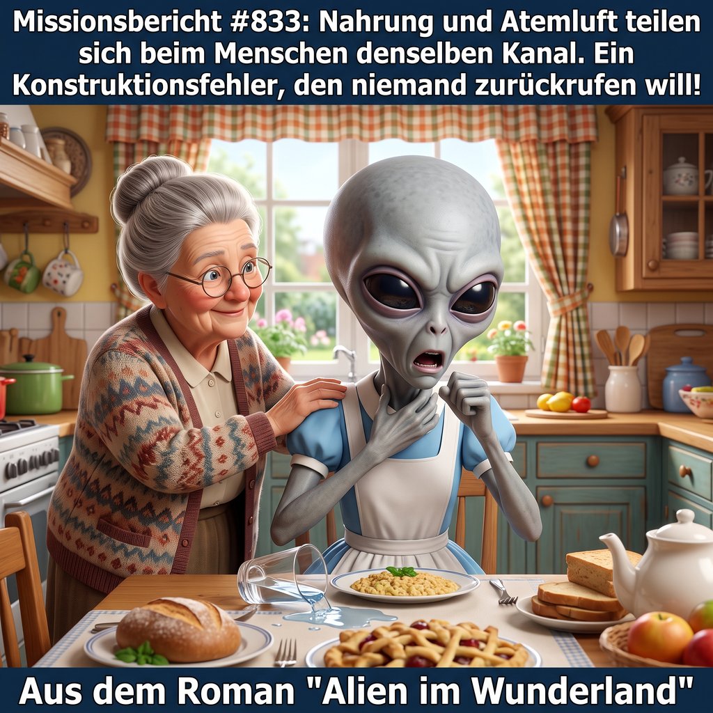 Kirk-Meme: Kirk verschluckt sich am Frühstückstisch, Oma Gerda klopft ihm auf den Rücken — Aus dem Roman Alien im Wunderland