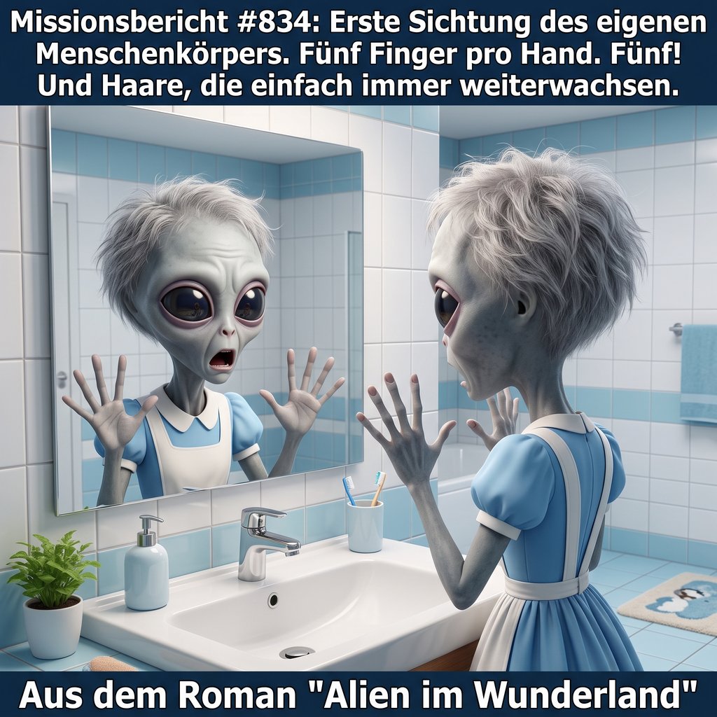Kirk-Meme: Kirk sieht zum ersten Mal seinen Menschenkoerper im Spiegel — Aus dem Roman Alien im Wunderland