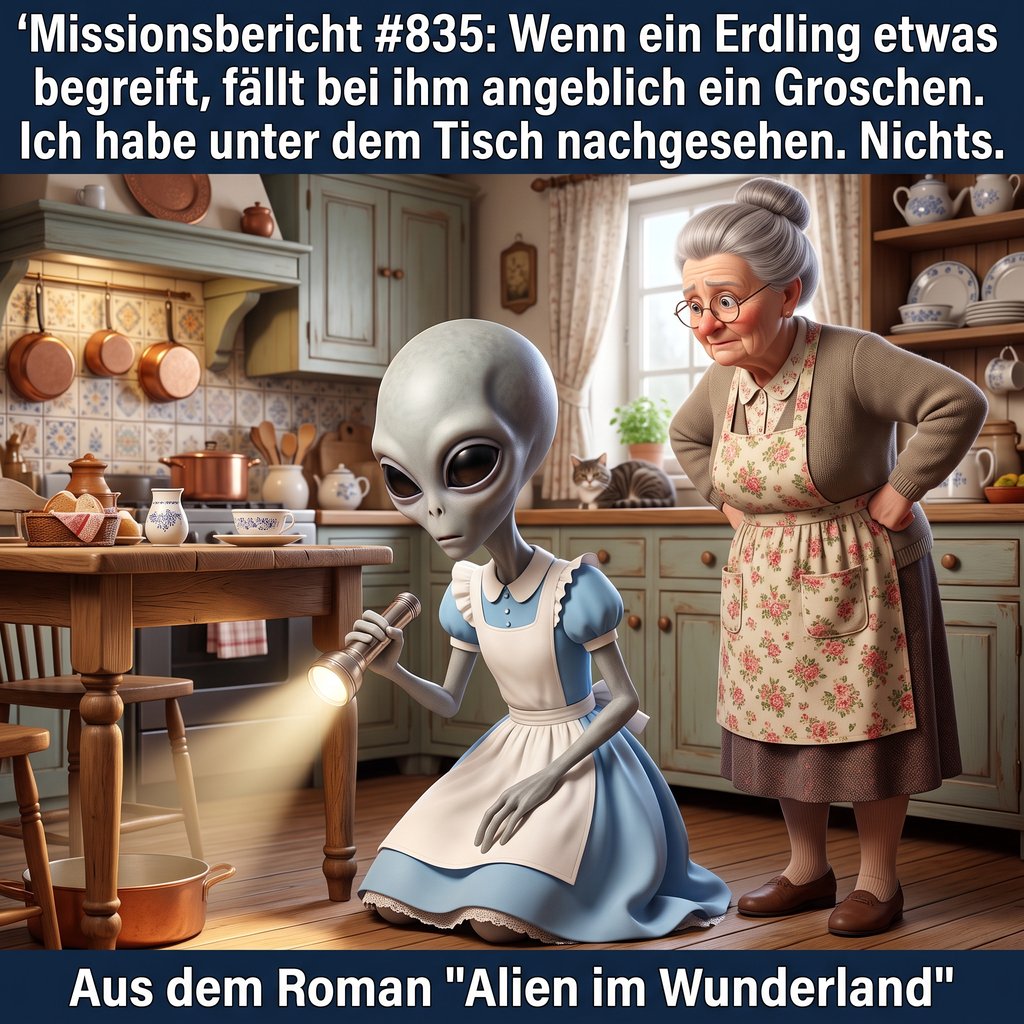 Kirk-Meme: Kirk sucht mit der Taschenlampe unter dem Tisch nach dem sprichwörtlichen Groschen, während Oma Gerda zusieht &mdash; Aus dem Roman Alien im Wunderland