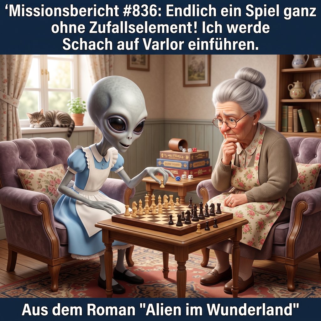 Kirk-Meme: Ein Alien im blauen Kleid spielt in einem gemuetlichen Wohnzimmer Schach gegen eine aeltere Dame, daneben ein Wuerfelbecher und ein Stapel Brettspiele — Aus dem Roman Alien im Wunderland