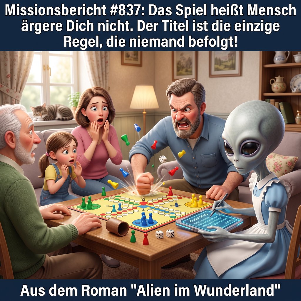 Kirk-Meme: Xy beobachtet eine Familie beim Brettspiel Mensch ärgere Dich nicht — der Titel ist die einzige Regel, die niemand befolgt — Aus dem Roman Alien im Wunderland