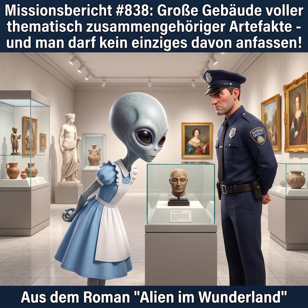 Kirk-Meme: Kirk im Museum vor einer Vitrine, streng beobachtet vom Wachpersonal &mdash; Aus dem Roman Alien im Wunderland