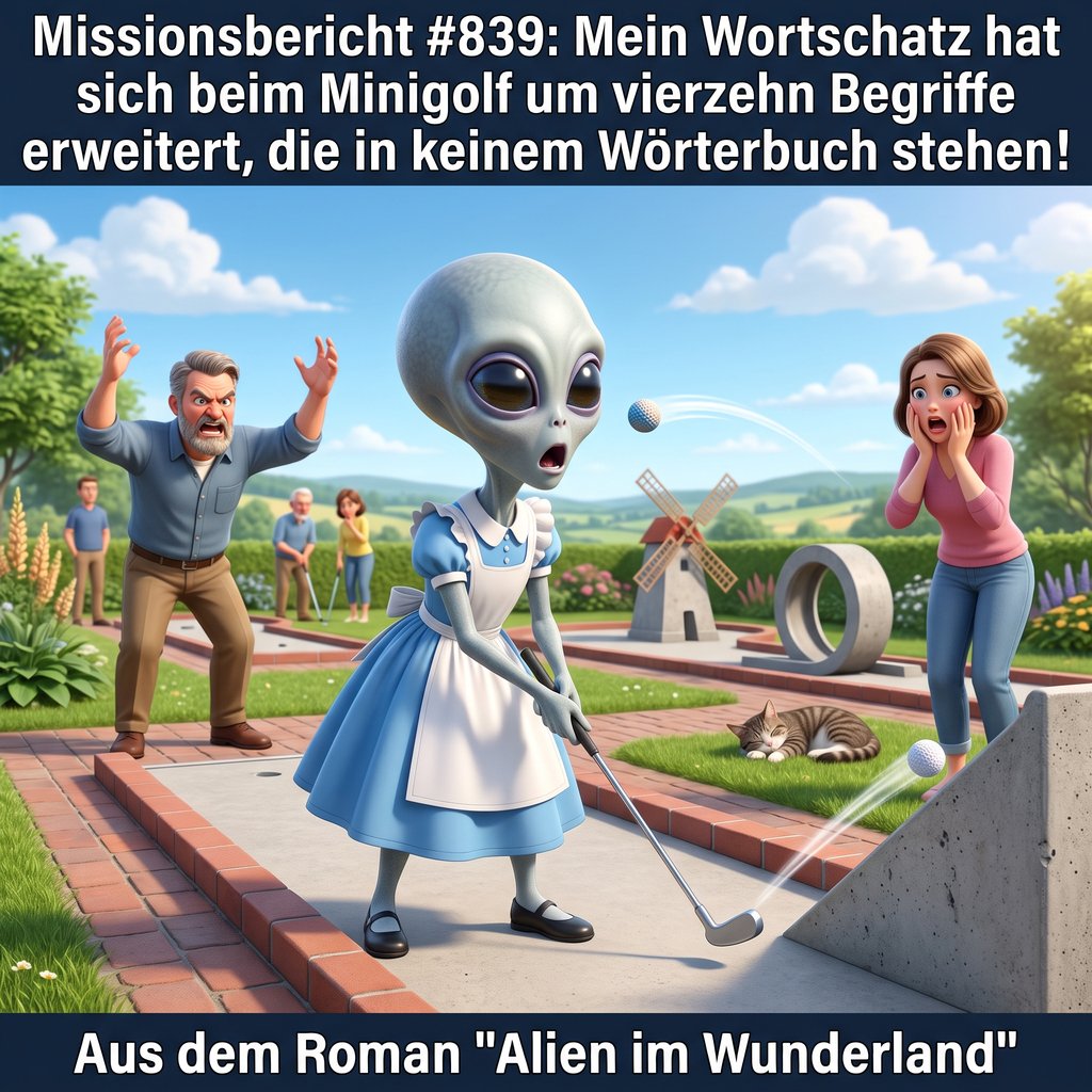 Kirk-Meme: Ein Alien im blauen Kleid schlaegt auf einer Minigolfbahn mit Windmuehle daneben, waehrend ein Mann im Hintergrund wuetend die Arme hochwirft — Aus dem Roman Alien im Wunderland